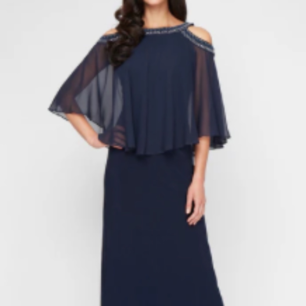 Alex Evenings Navy Cold-Shoulder Evening Gown
